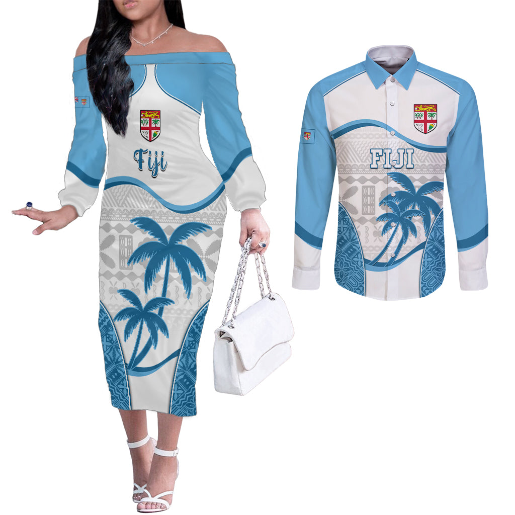 Fiji Rugby Couples Matching Off The Shoulder Long Sleeve Dress and Long Sleeve Button Shirts World Cup 2023 Fijian Tapa Pattern Blue Version LT05 Blue - Polynesian Pride