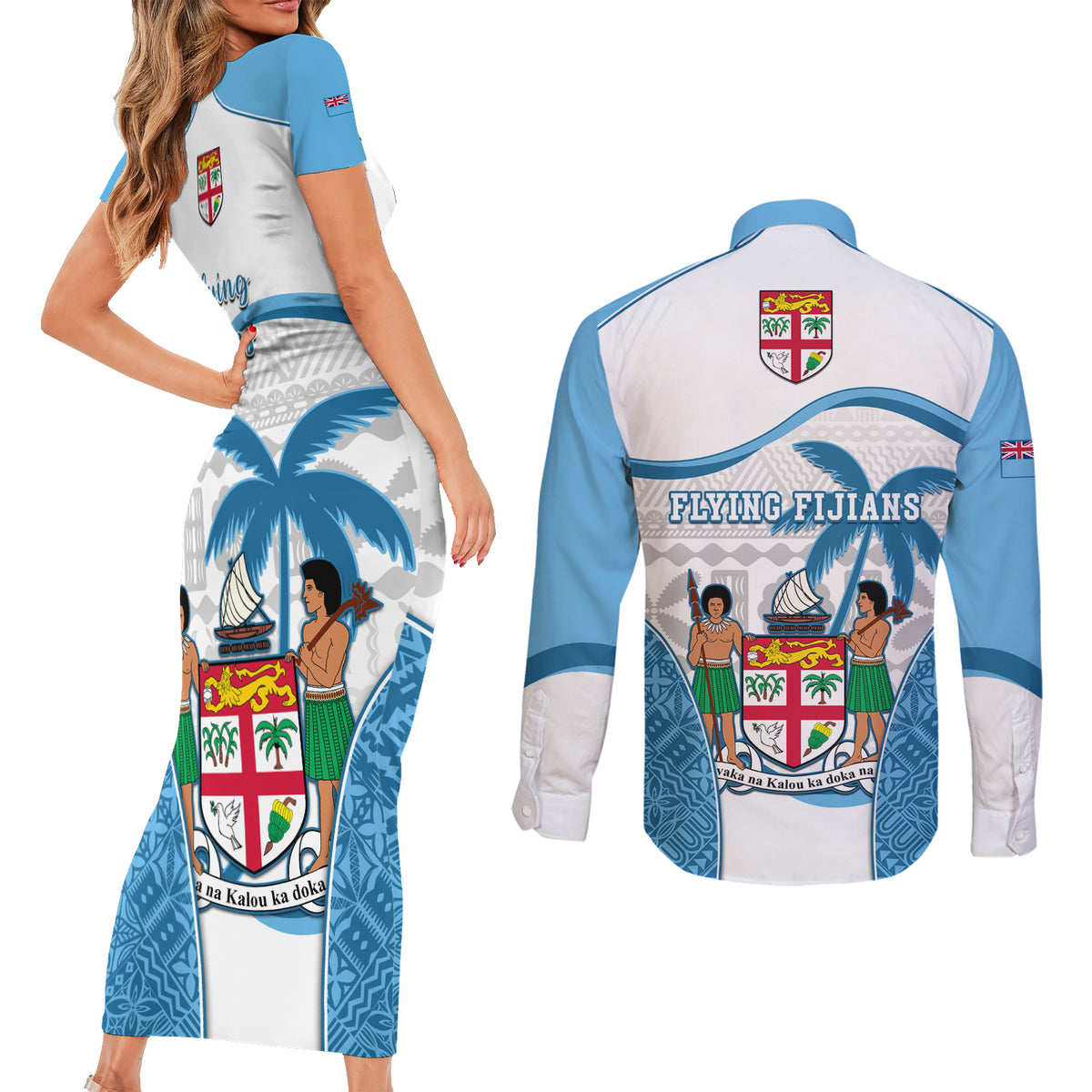 Fiji Rugby Couples Matching Short Sleeve Bodycon Dress and Long Sleeve Button Shirts World Cup 2023 Fijian Tapa Pattern Blue Version LT05 - Polynesian Pride