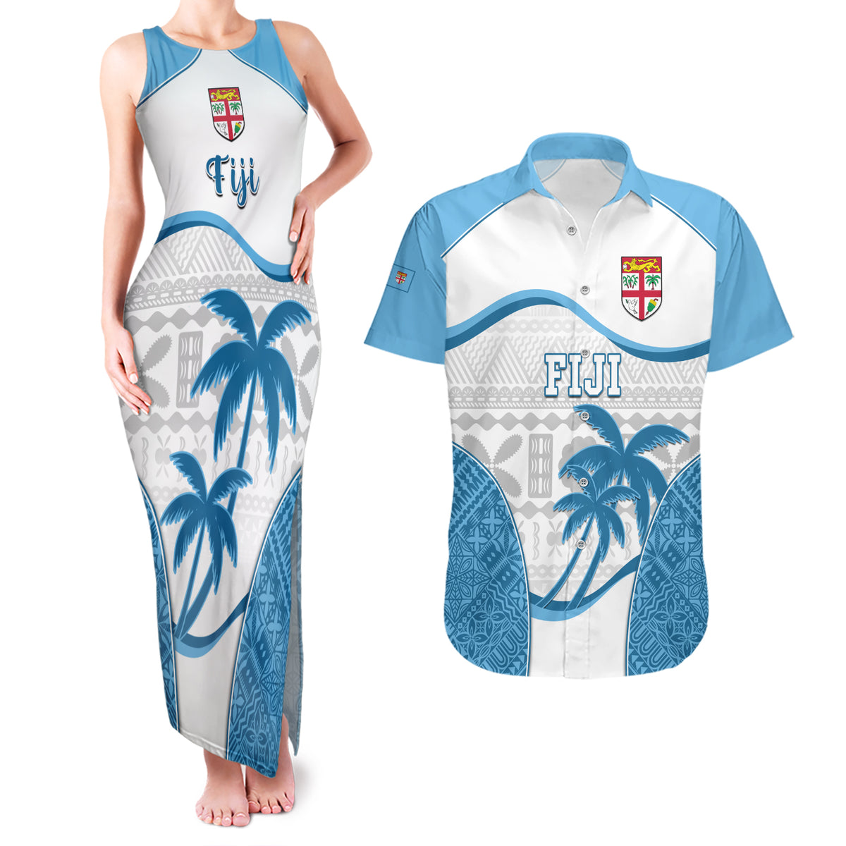 Fiji Rugby Couples Matching Tank Maxi Dress and Hawaiian Shirt World Cup 2023 Fijian Tapa Pattern Blue Version LT05 Blue - Polynesian Pride