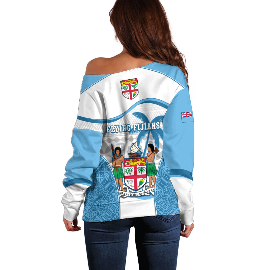 Fiji Rugby Off Shoulder Sweater World Cup 2023 Fijian Tapa Pattern Blue Version LT05 - Polynesian Pride