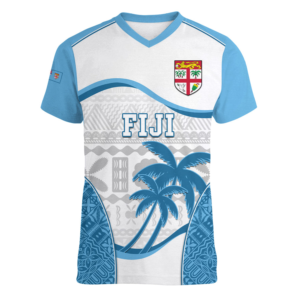 Fiji Rugby Women V Neck T Shirt World Cup 2023 Fijian Tapa Pattern Blue Version LT05 Female Blue - Polynesian Pride
