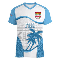 Fiji Rugby Women V Neck T Shirt World Cup 2023 Fijian Tapa Pattern Blue Version LT05 Female Blue - Polynesian Pride