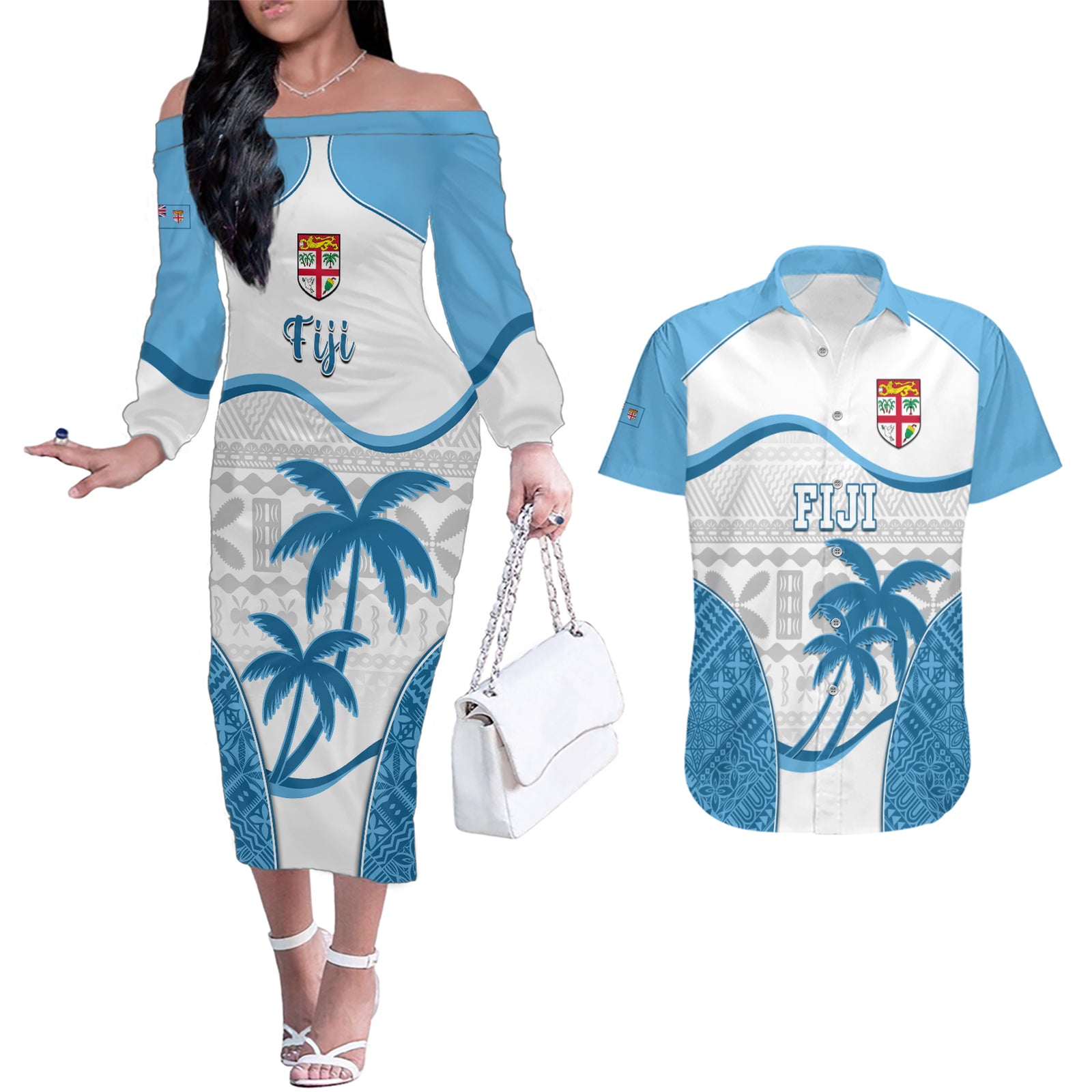 Custom Fiji Rugby Couples Matching Off The Shoulder Long Sleeve Dress and Hawaiian Shirt World Cup 2023 Fijian Tapa Pattern Blue Version LT05 Blue - Polynesian Pride