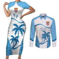 Custom Fiji Rugby Couples Matching Short Sleeve Bodycon Dress and Long Sleeve Button Shirts World Cup 2023 Fijian Tapa Pattern Blue Version LT05 Blue - Polynesian Pride