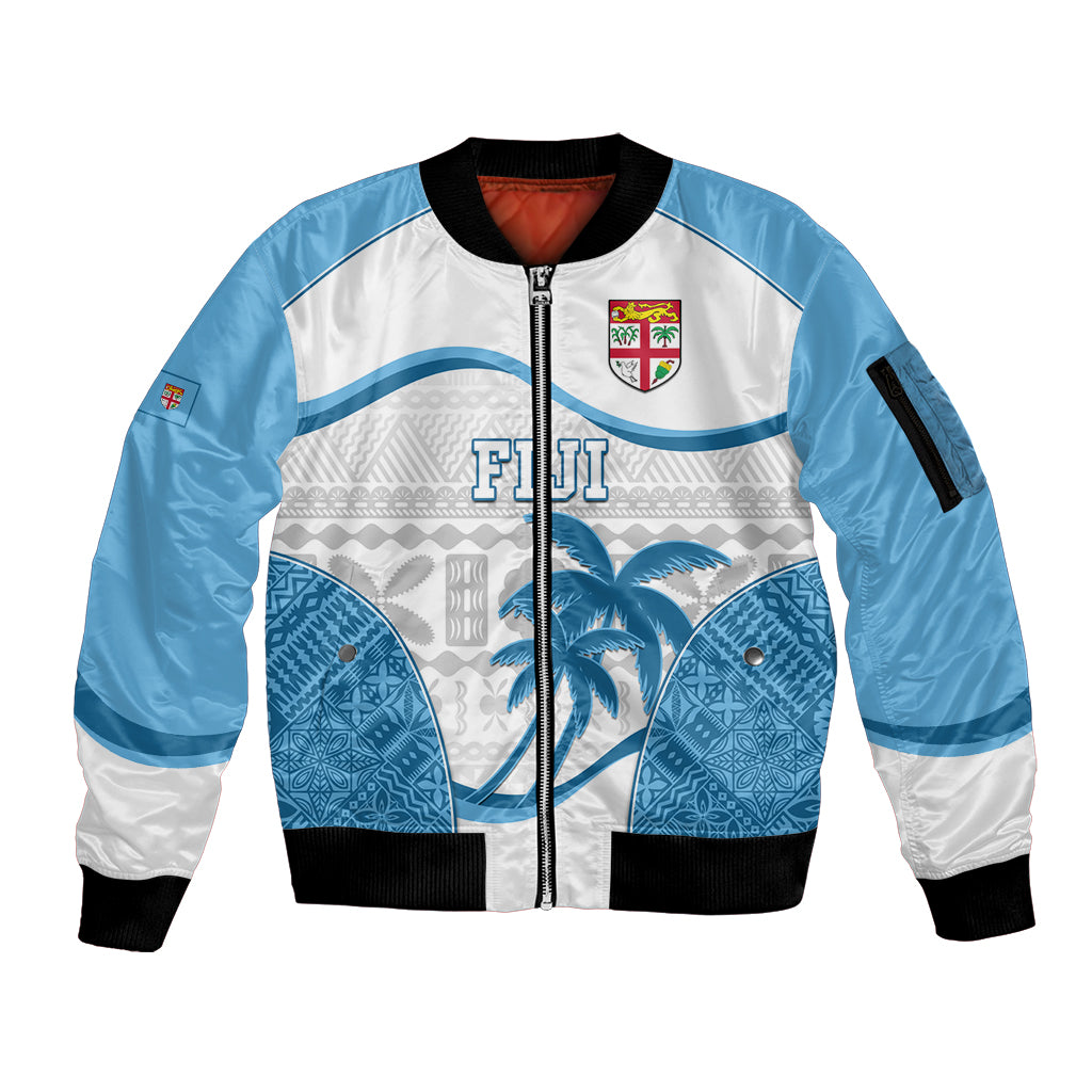 Custom Fiji Rugby Sleeve Zip Bomber Jacket World Cup 2023 Fijian Tapa Pattern Blue Version LT05 Unisex Blue - Polynesian Pride