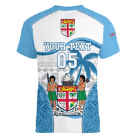 Custom Fiji Rugby Women V Neck T Shirt World Cup 2023 Fijian Tapa Pattern Blue Version LT05 - Polynesian Pride