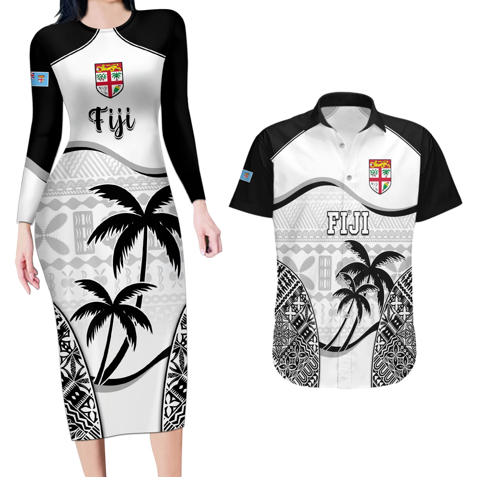 Fiji Rugby Couples Matching Long Sleeve Bodycon Dress and Hawaiian Shirt World Cup 2023 Fijian Tapa Pattern Black Version LT05 Black - Polynesian Pride