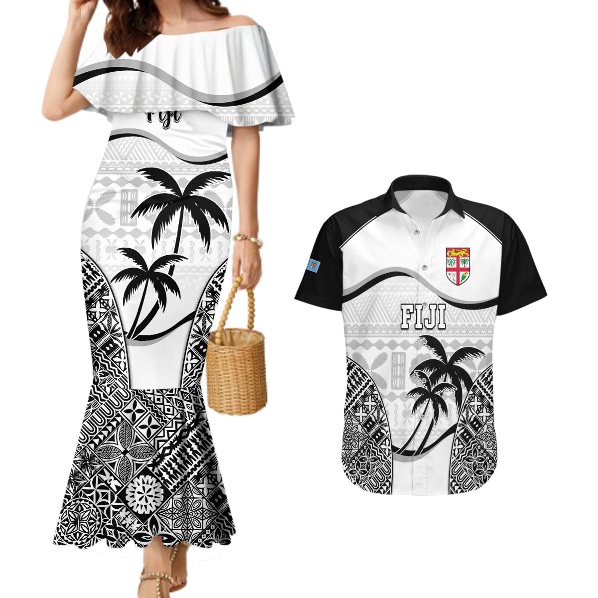 Fiji Rugby Couples Matching Mermaid Dress and Hawaiian Shirt World Cup 2023 Fijian Tapa Pattern Black Version LT05 Black - Polynesian Pride