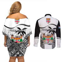 Fiji Rugby Couples Matching Off Shoulder Short Dress and Long Sleeve Button Shirts World Cup 2023 Fijian Tapa Pattern Black Version LT05 - Polynesian Pride