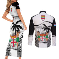 Fiji Rugby Couples Matching Short Sleeve Bodycon Dress and Long Sleeve Button Shirts World Cup 2023 Fijian Tapa Pattern Black Version LT05 - Polynesian Pride