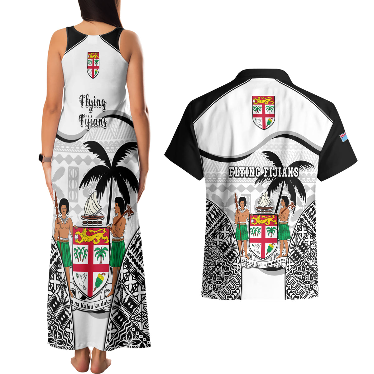Fiji Rugby Couples Matching Tank Maxi Dress and Hawaiian Shirt World Cup 2023 Fijian Tapa Pattern Black Version LT05 - Polynesian Pride