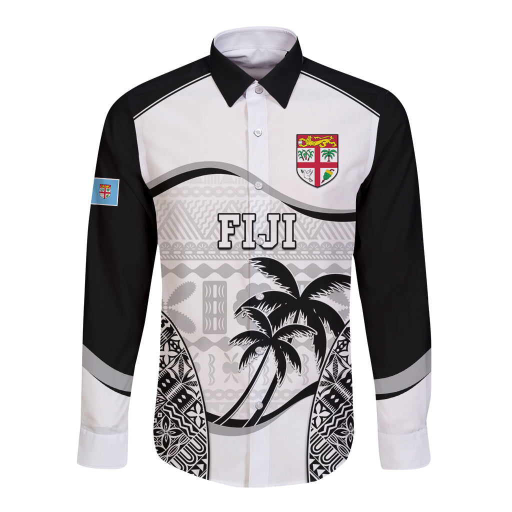 Fiji Rugby Long Sleeve Button Shirt World Cup 2023 Fijian Tapa Pattern Black Version LT05 Unisex Black - Polynesian Pride