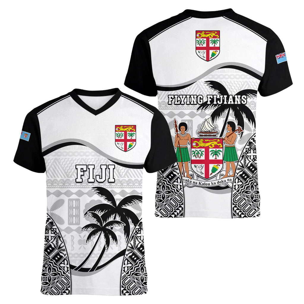 Fiji Rugby Women V Neck T Shirt World Cup 2023 Fijian Tapa Pattern Black Version LT05 - Polynesian Pride
