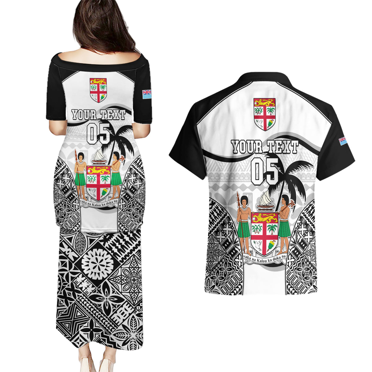 Custom Fiji Rugby Couples Matching Puletasi Dress and Hawaiian Shirt World Cup 2023 Fijian Tapa Pattern Black Version LT05 - Polynesian Pride