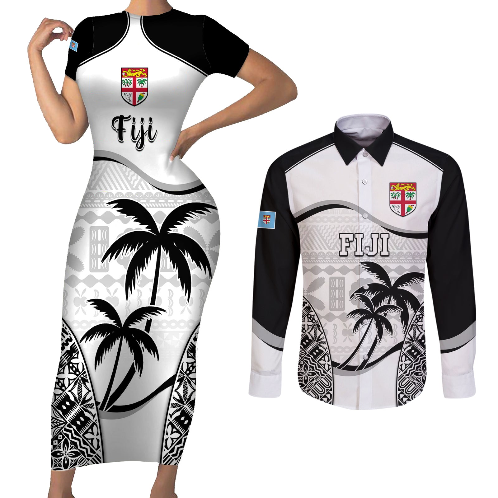 Custom Fiji Rugby Couples Matching Short Sleeve Bodycon Dress and Long Sleeve Button Shirts World Cup 2023 Fijian Tapa Pattern Black Version LT05 Black - Polynesian Pride