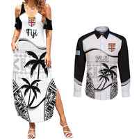Custom Fiji Rugby Couples Matching Summer Maxi Dress and Long Sleeve Button Shirts World Cup 2023 Fijian Tapa Pattern Black Version LT05 Black - Polynesian Pride