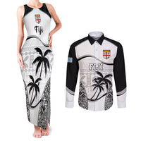 Custom Fiji Rugby Couples Matching Tank Maxi Dress and Long Sleeve Button Shirts World Cup 2023 Fijian Tapa Pattern Black Version LT05 Black - Polynesian Pride