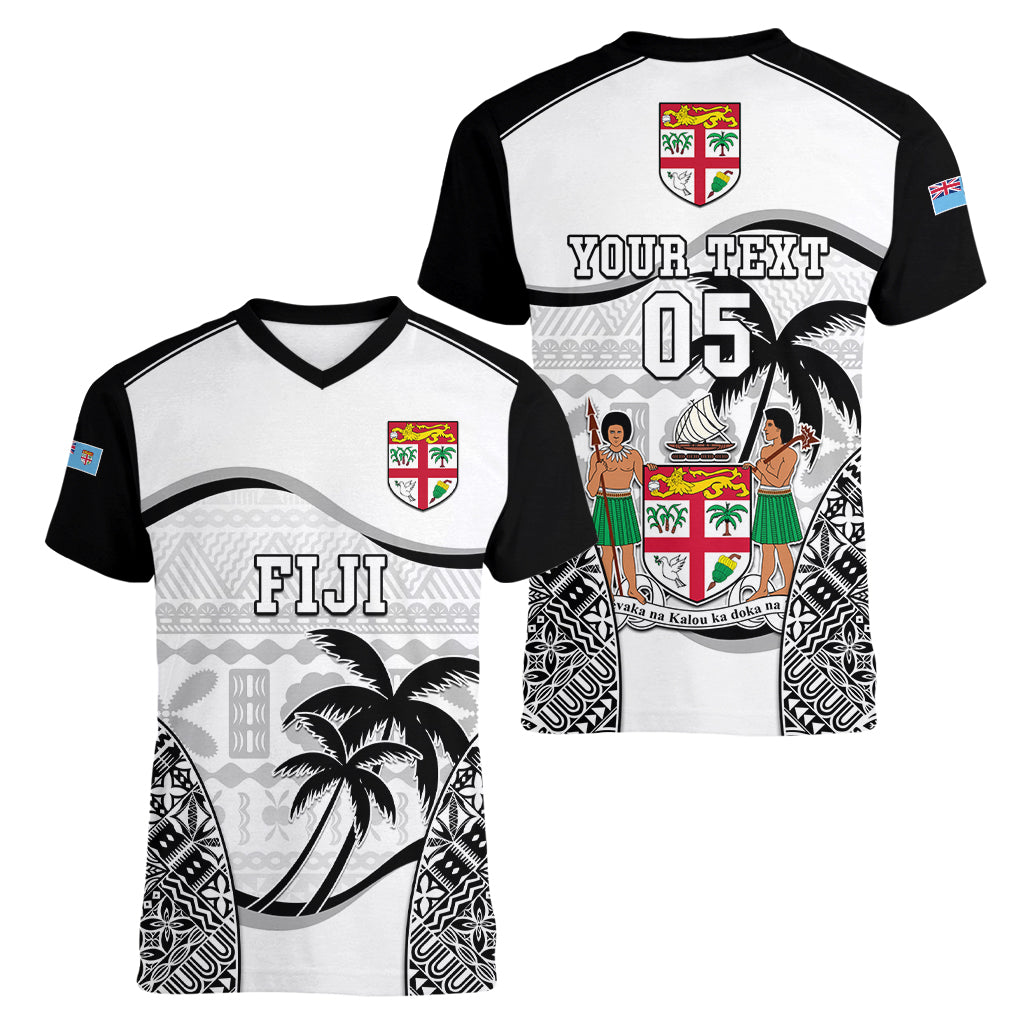 Custom Fiji Rugby Women V Neck T Shirt World Cup 2023 Fijian Tapa Pattern Black Version LT05 - Polynesian Pride