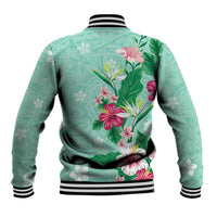 Hawaii Tropical Flowers Baseball Jacket Polynesian Tattoo Mint Green