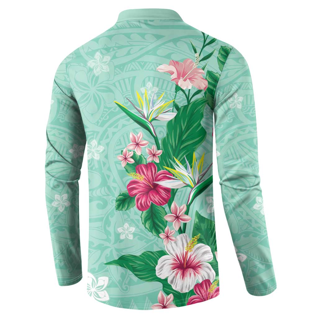 Hawaii Tropical Flowers Button Sweatshirt Polynesian Tattoo Mint Green