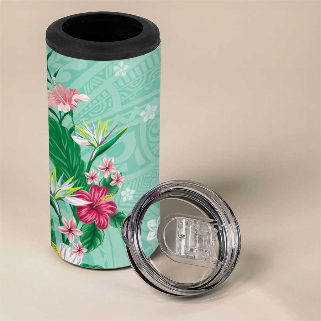 Hawaii Tropical Flowers 4 in 1 Can Cooler Tumbler Polynesian Tattoo Mint Green