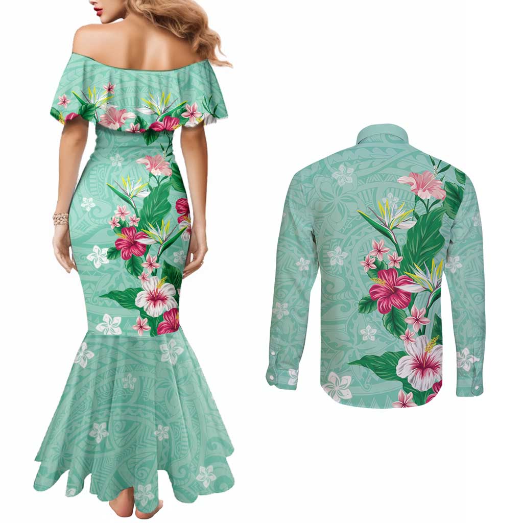 Hawaii Tropical Flowers Couples Matching Mermaid Dress and Long Sleeve Button Shirt Polynesian Tattoo Mint Green