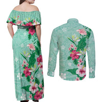 Hawaii Tropical Flowers Couples Matching Off Shoulder Maxi Dress and Long Sleeve Button Shirt Polynesian Tattoo Mint Green