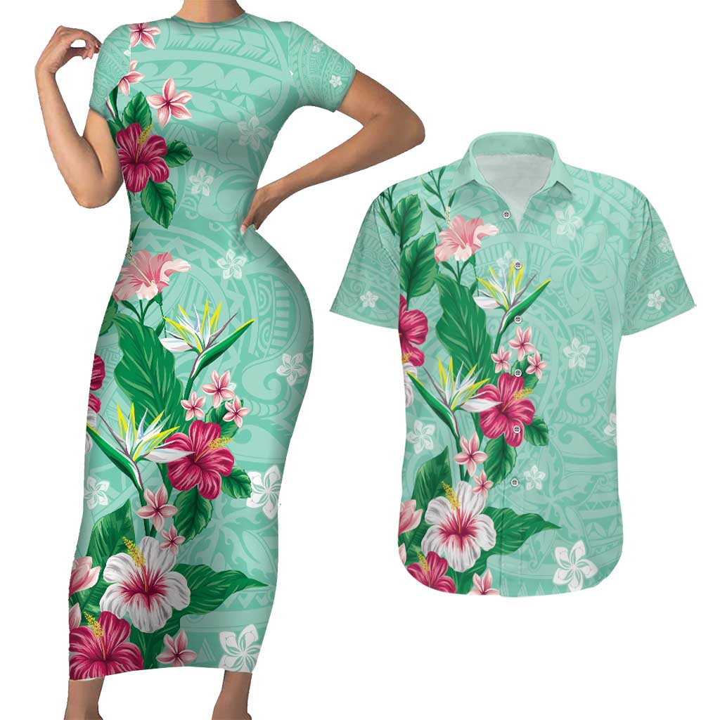 Hawaii Tropical Flowers Couples Matching Short Sleeve Bodycon Dress and Hawaiian Shirt Polynesian Tattoo Mint Green