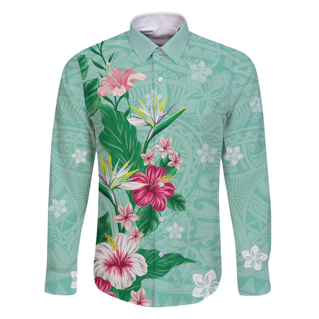 Hawaii Tropical Flowers Family Matching Long Sleeve Bodycon Dress and Hawaiian Shirt Polynesian Tattoo Mint Green