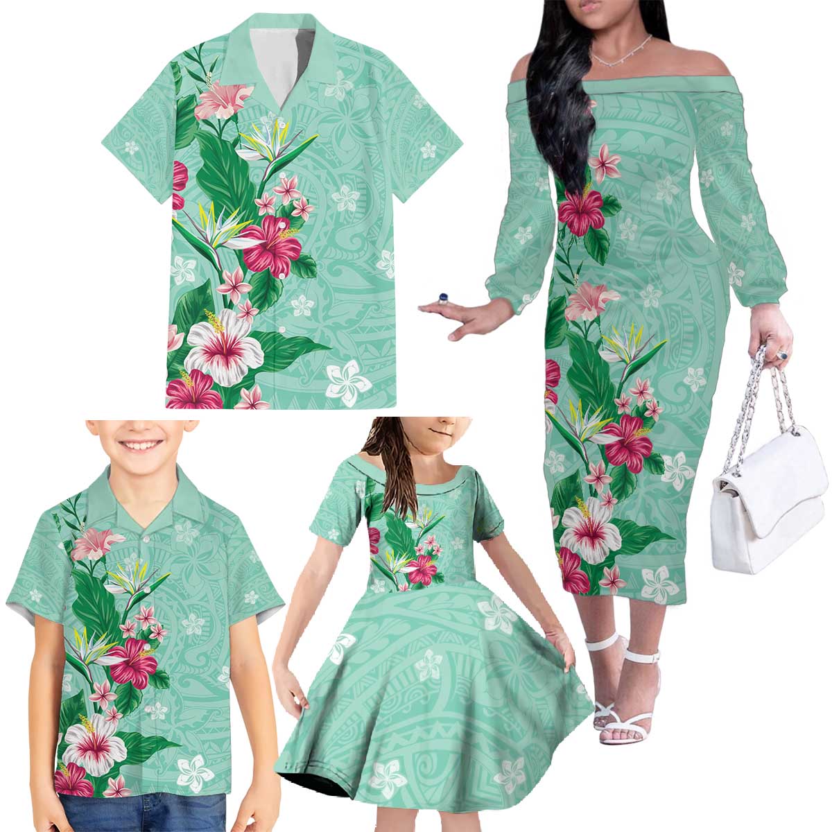 Hawaii Tropical Flowers Family Matching Off The Shoulder Long Sleeve Dress and Hawaiian Shirt Polynesian Tattoo Mint Green