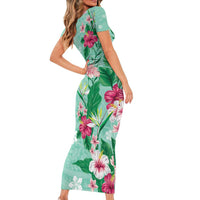 Hawaii Tropical Flowers Family Matching Short Sleeve Bodycon Dress and Hawaiian Shirt Polynesian Tattoo Mint Green