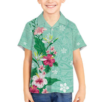 Hawaii Tropical Flowers Family Matching Short Sleeve Bodycon Dress and Hawaiian Shirt Polynesian Tattoo Mint Green