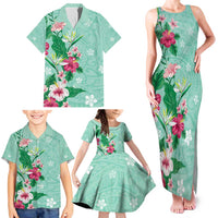 Hawaii Tropical Flowers Family Matching Tank Maxi Dress and Hawaiian Shirt Polynesian Tattoo Mint Green