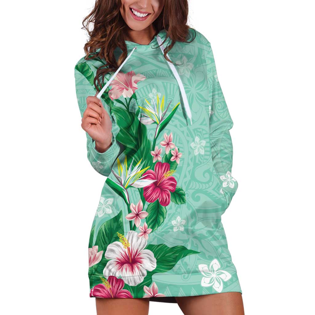 Hawaii Tropical Flowers Hoodie Dress Polynesian Tattoo Mint Green