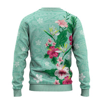 Hawaii Tropical Flowers Ugly Christmas Sweater Polynesian Tattoo Mint Green