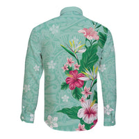 Hawaii Tropical Flowers Long Sleeve Button Shirt Polynesian Tattoo Mint Green LT05 - Polynesian Pride