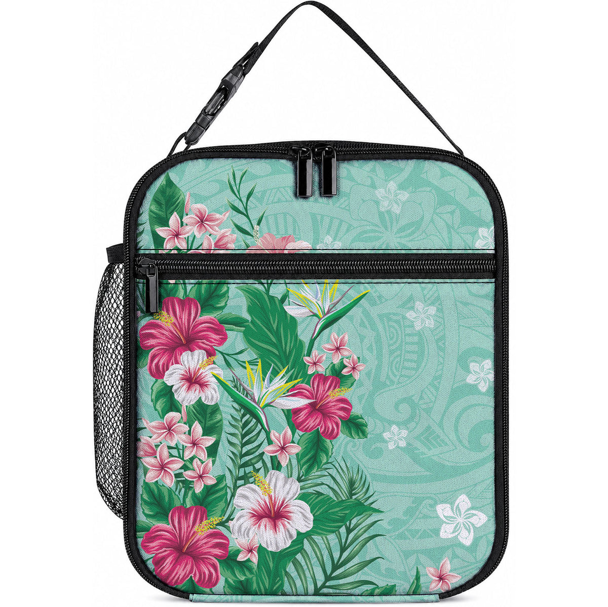 Hawaii Tropical Flowers Lunch Bag Polynesian Tattoo Mint Green