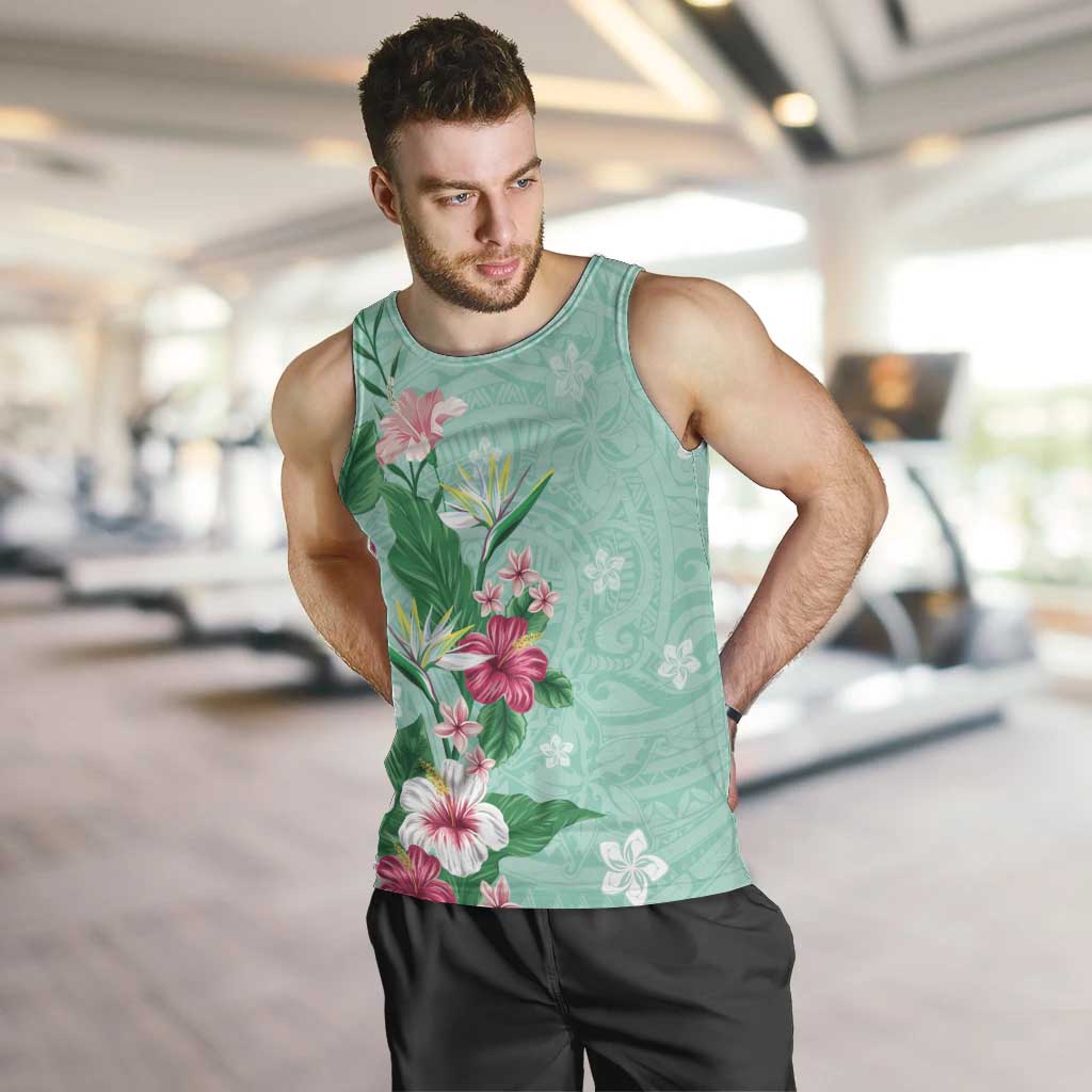 Hawaii Tropical Flowers Men Tank Top Polynesian Tattoo Mint Green