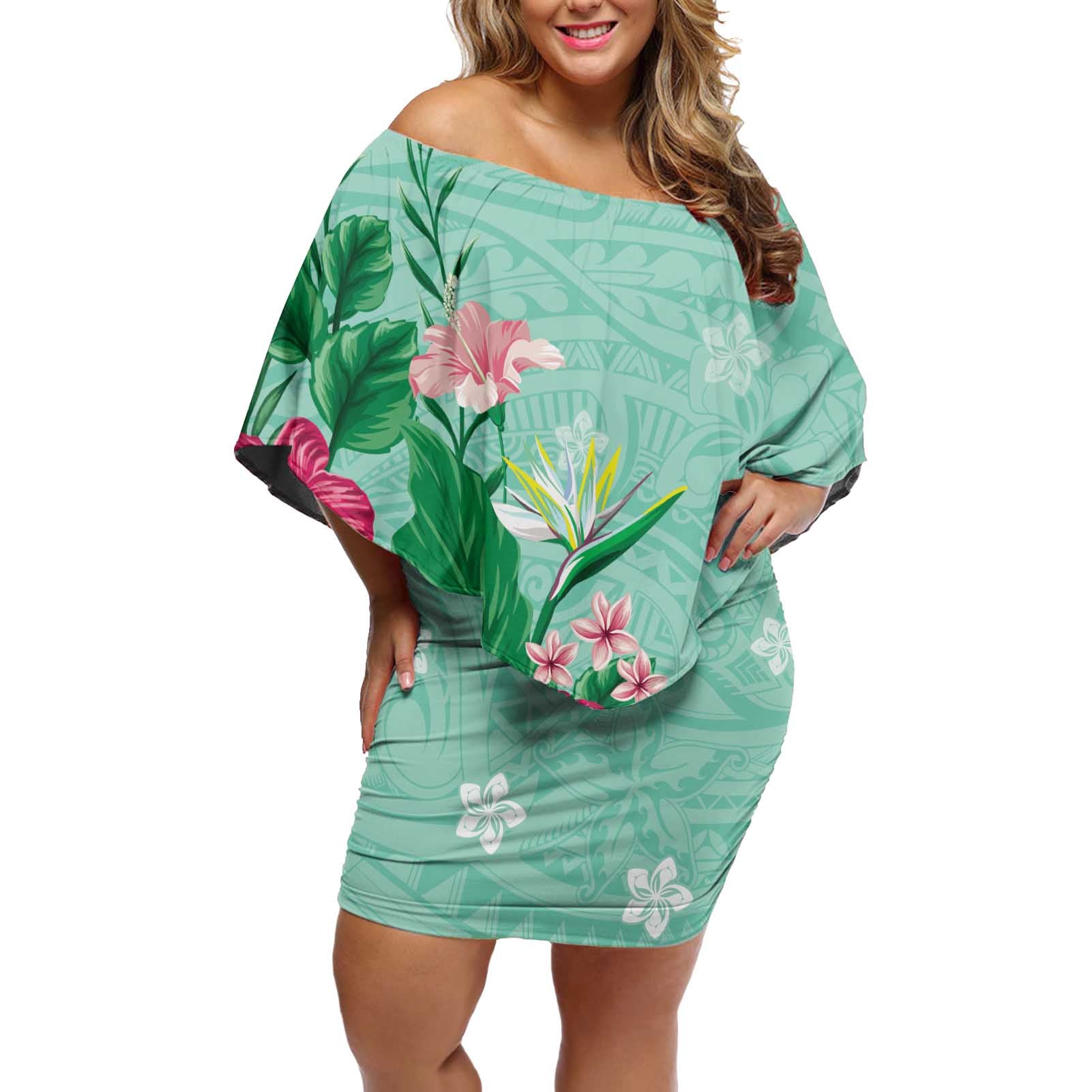 Hawaii Tropical Flowers Off Shoulder Short Dress Polynesian Tattoo Mint Green