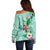 Hawaii Tropical Flowers Off Shoulder Sweater Polynesian Tattoo Mint Green