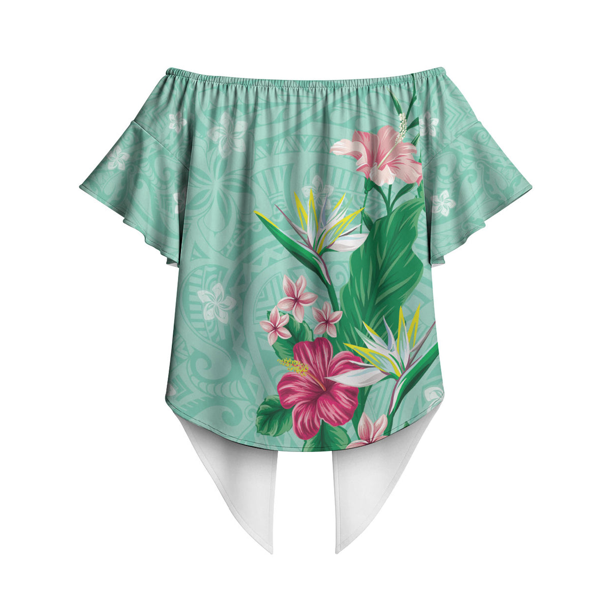 Hawaii Tropical Flowers Off Shoulder Wrap Waist Top Polynesian Tattoo Mint Green LT05 - Polynesian Pride