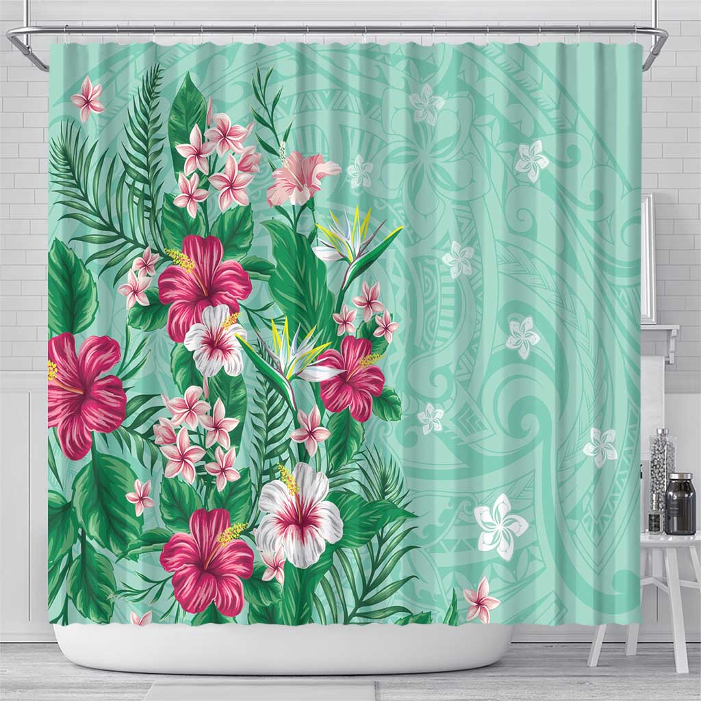 Hawaii Tropical Flowers Shower Curtain Polynesian Tattoo Mint Green