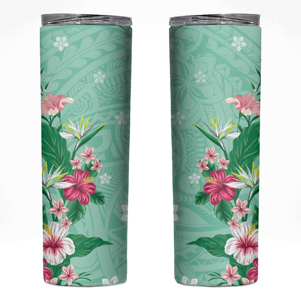 Hawaii Tropical Flowers Skinny Tumbler Polynesian Tattoo Mint Green