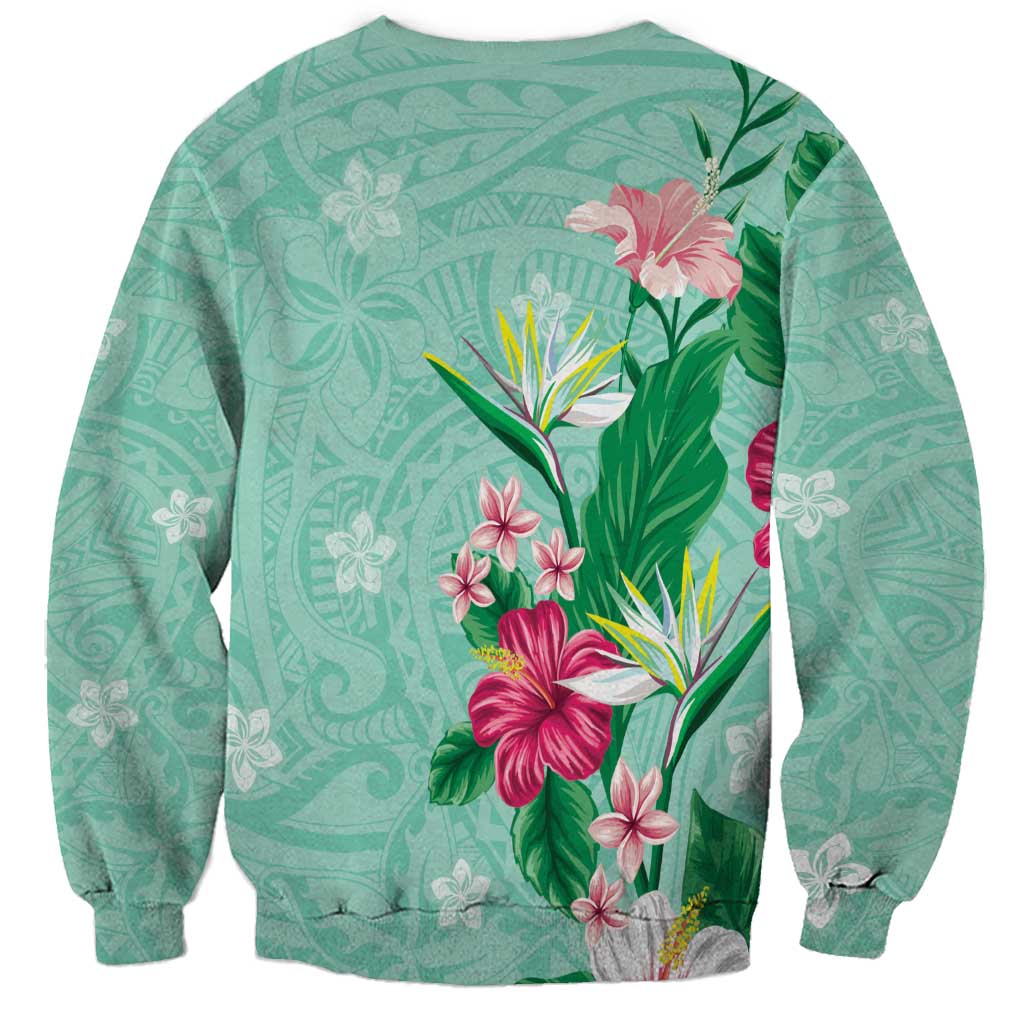 Hawaii Tropical Flowers Sweatshirt Polynesian Tattoo Mint Green