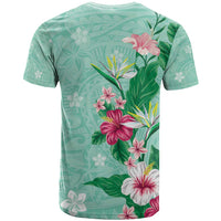 Hawaii Tropical Flowers T Shirt Polynesian Tattoo Mint Green