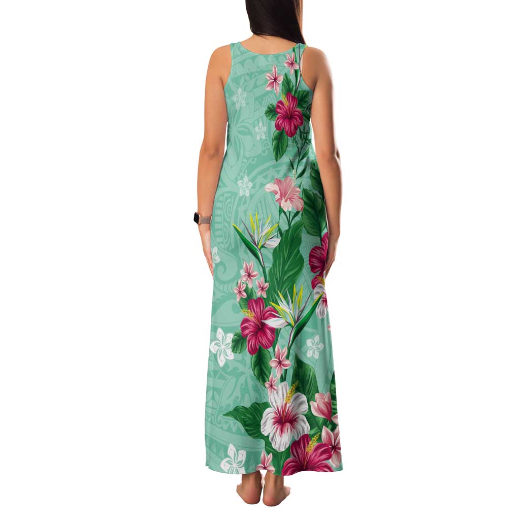 Hawaii Tropical Flowers Tank Maxi Dress Polynesian Tattoo Mint Green