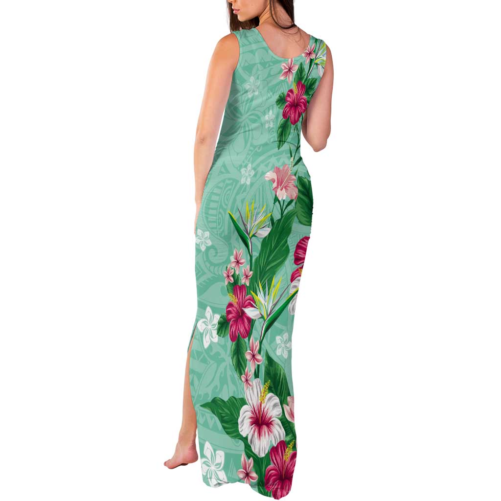 Hawaii Tropical Flowers Tank Maxi Dress Polynesian Tattoo Mint Green