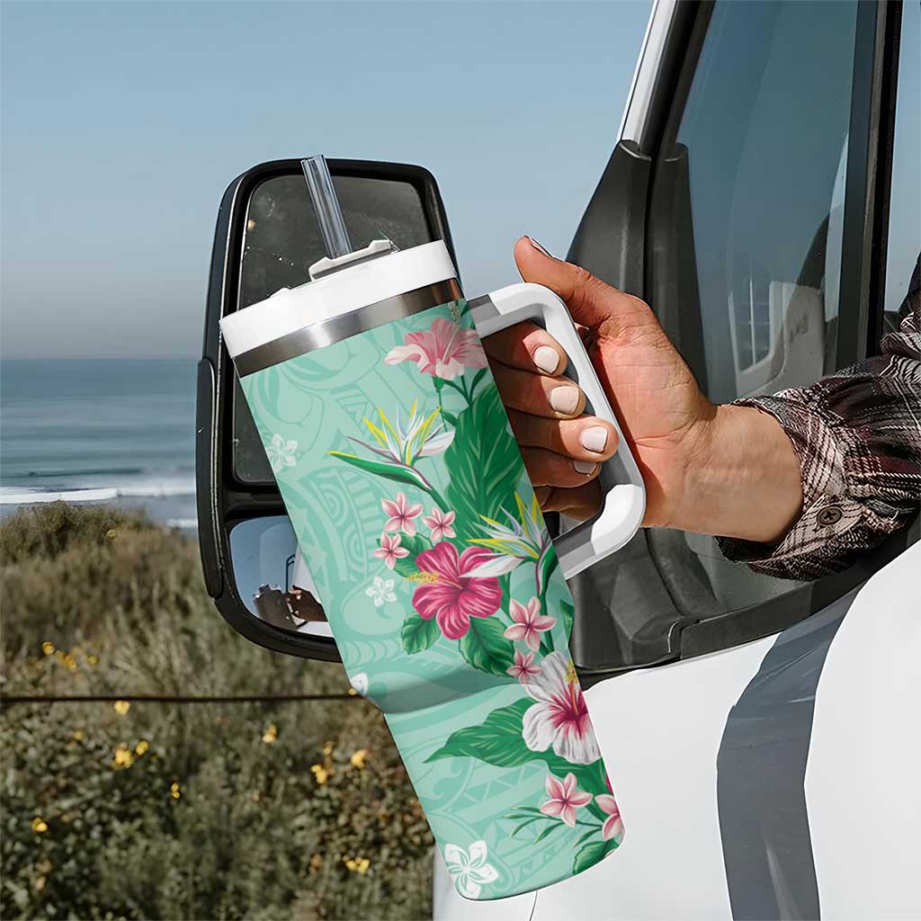 Hawaii Tropical Flowers Tumbler With Handle Polynesian Tattoo Mint Green