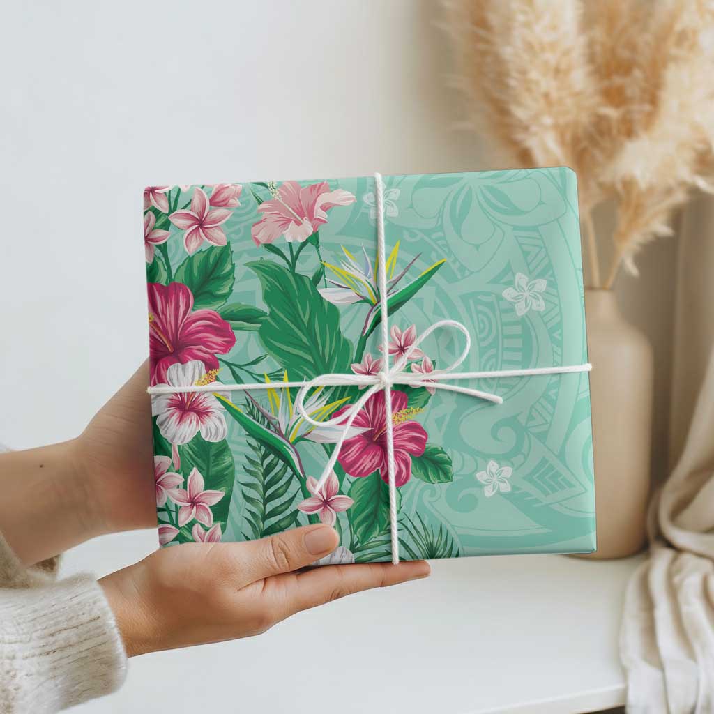 Hawaii Tropical Flowers Wrapping Paper Polynesian Tattoo Mint Green - Polynesian Pride