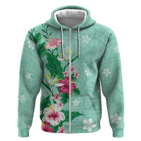 Hawaii Tropical Flowers Zip Hoodie Polynesian Tattoo Mint Green